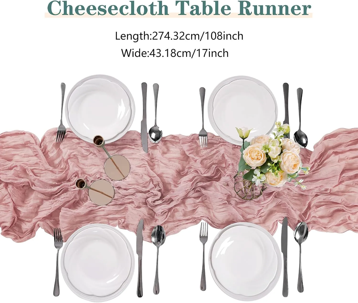 15 Pack Dusty Pink Cheesecloth Table Runner 9FT Rustic Sheer Table Runners 17x108 Inch Gauze Boho Runner for Wedding Bridal Baby Shower Birthday Party Table Decorations