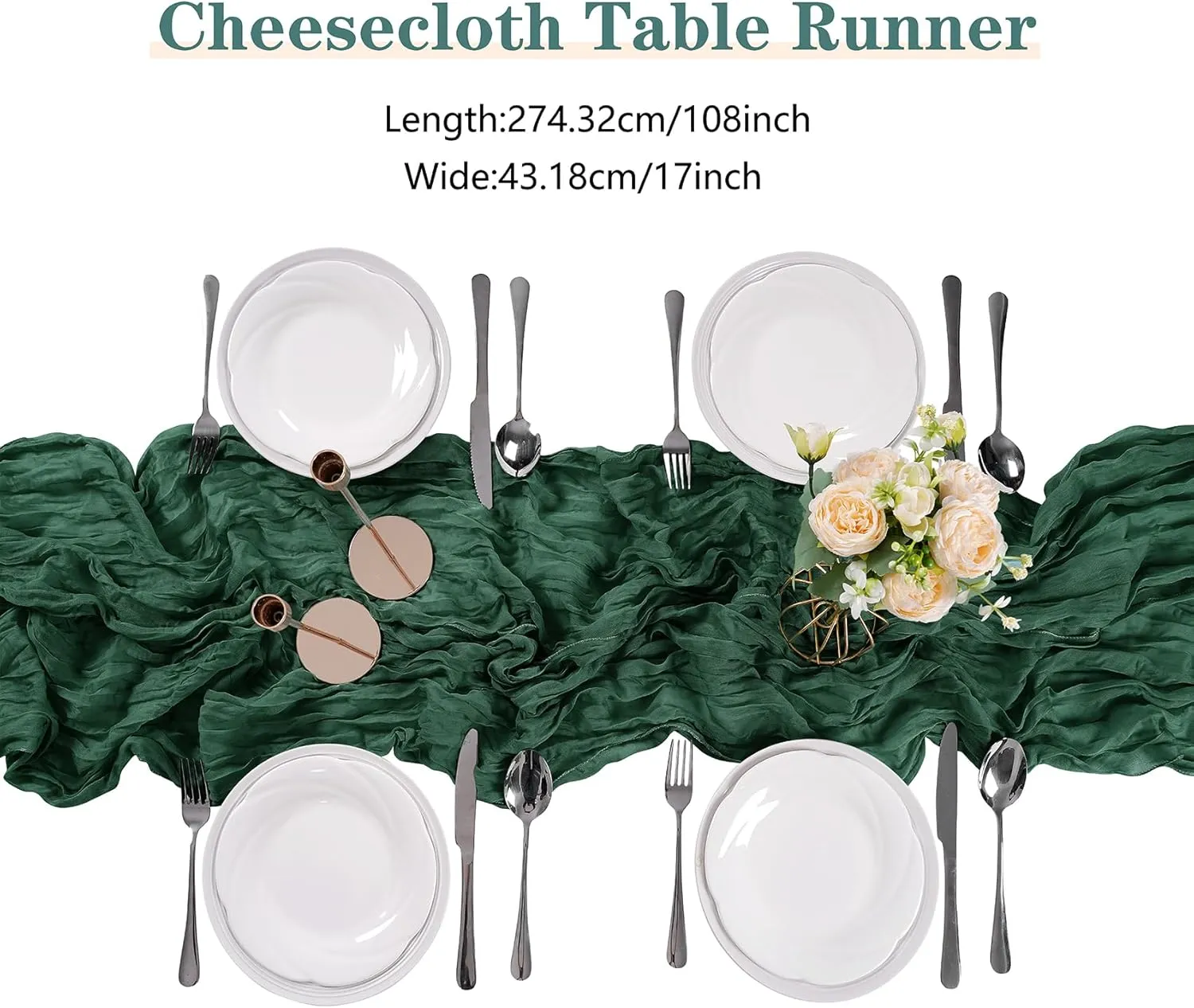 15 Pack Emerald Green Cheesecloth Table Runner 9FT Rustic Sheer Table Runners 17x108 Inch Gauze Boho Runner for Wedding Bridal Baby Shower Birthday Party Table Decorations