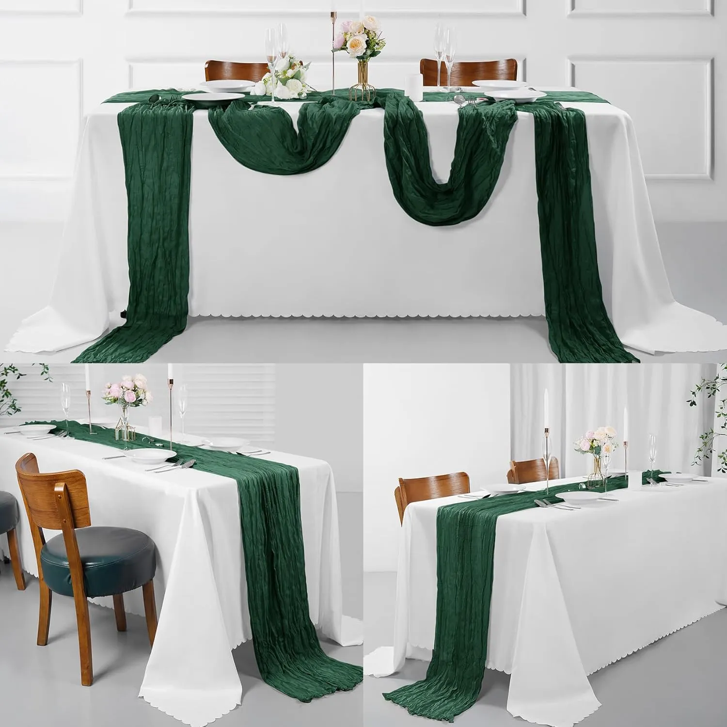 15 Pack Emerald Green Cheesecloth Table Runner 9FT Rustic Sheer Table Runners 17x108 Inch Gauze Boho Runner for Wedding Bridal Baby Shower Birthday Party Table Decorations