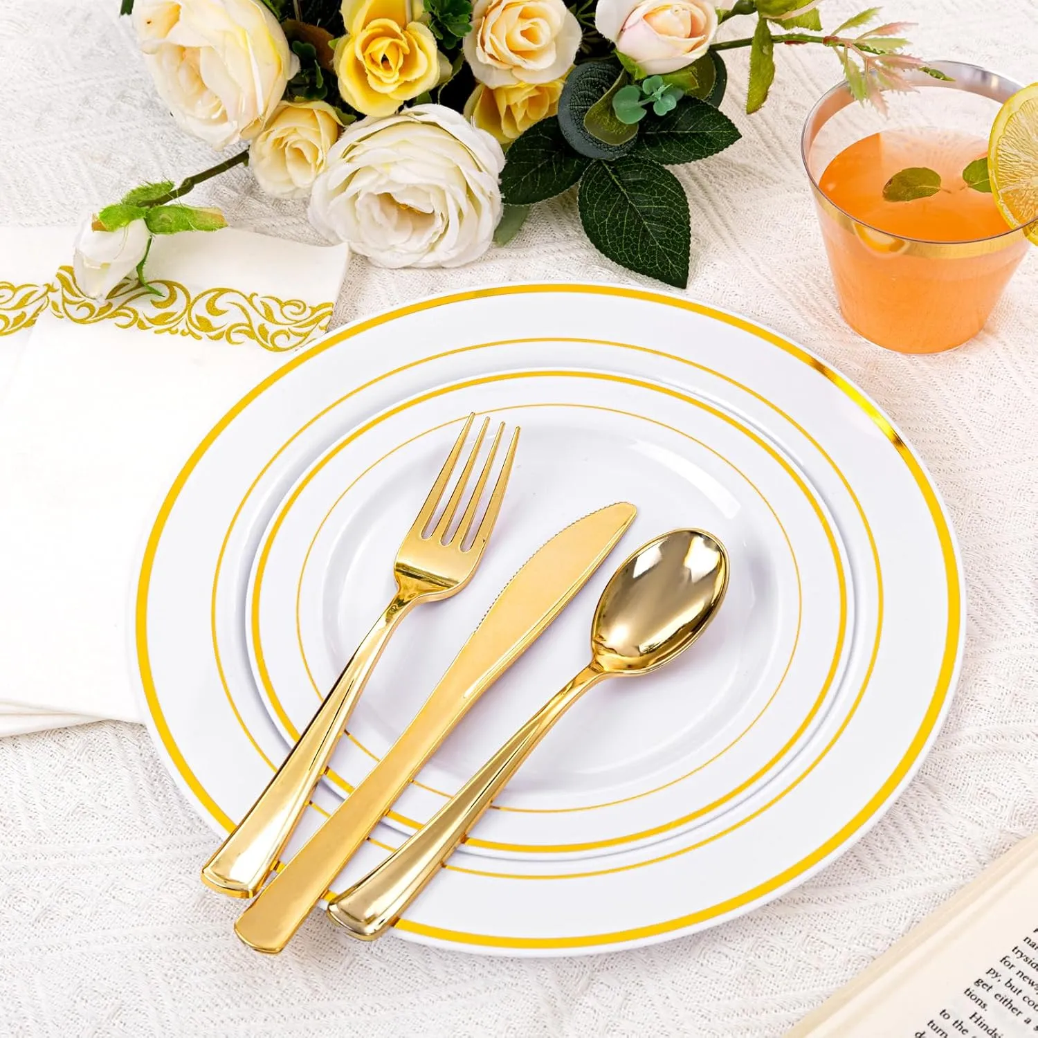 175 Pcs Gold Dinnerware Set, Plastic Plates Disposable for 25 Guests Include:25 Gold Rim Dinner Plates, 25 Gold Dessert Plates, 25 Paper Napkins, 25 Cups, 25 Gold Silverware Set Perfect for Party