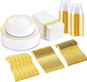 175 Pcs Gold Dinnerware Set, Plastic Plates Disposable for 25 Guests Include:25 Gold Rim Dinner Plates, 25 Gold Dessert Plates, 25 Paper Napkins, 25 Cups, 25 Gold Silverware Set Perfect for Party