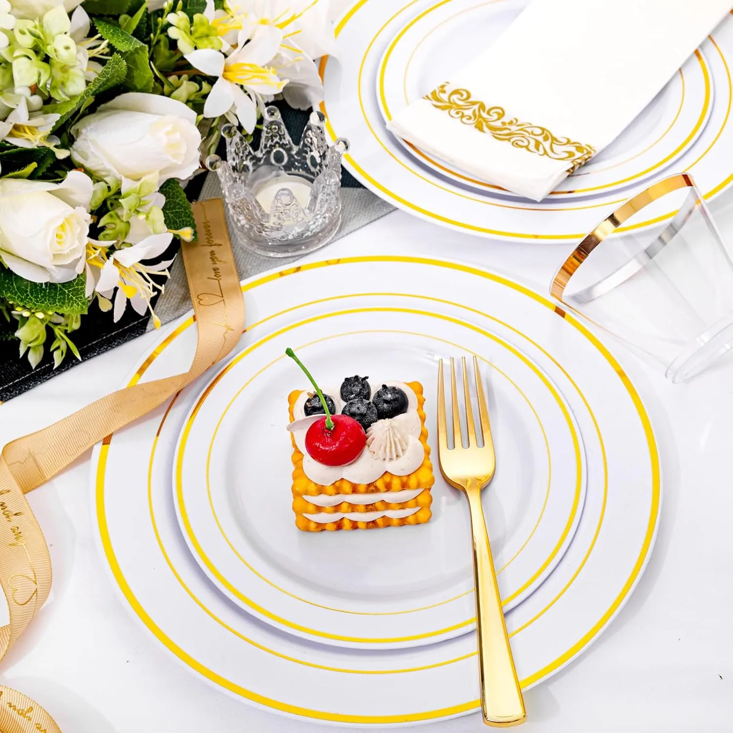 175 Pcs Gold Dinnerware Set, Plastic Plates Disposable for 25 Guests Include:25 Gold Rim Dinner Plates, 25 Gold Dessert Plates, 25 Paper Napkins, 25 Cups, 25 Gold Silverware Set Perfect for Party