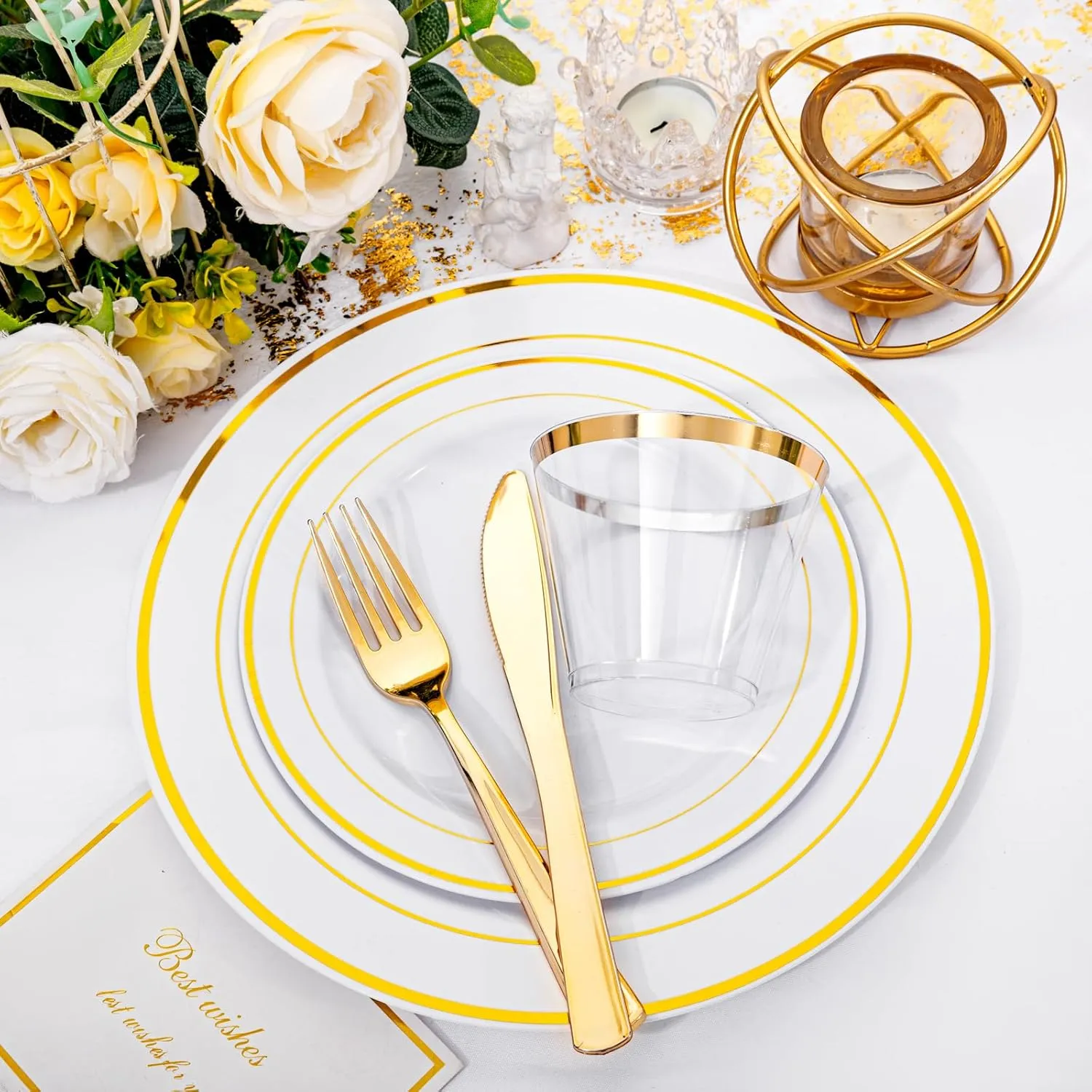 175 Pcs Gold Dinnerware Set, Plastic Plates Disposable for 25 Guests Include:25 Gold Rim Dinner Plates, 25 Gold Dessert Plates, 25 Paper Napkins, 25 Cups, 25 Gold Silverware Set Perfect for Party