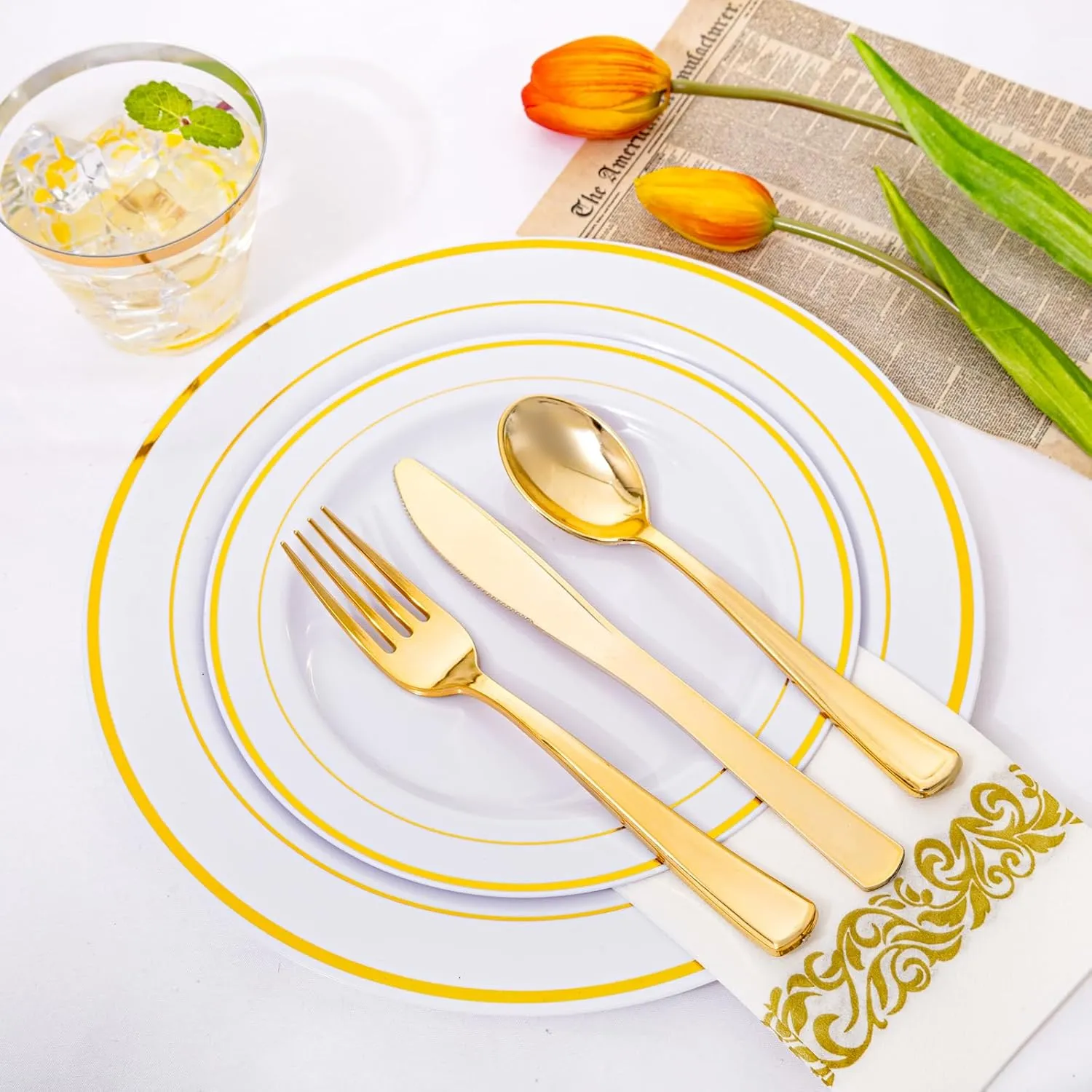 175 Pcs Gold Dinnerware Set, Plastic Plates Disposable for 25 Guests Include:25 Gold Rim Dinner Plates, 25 Gold Dessert Plates, 25 Paper Napkins, 25 Cups, 25 Gold Silverware Set Perfect for Party
