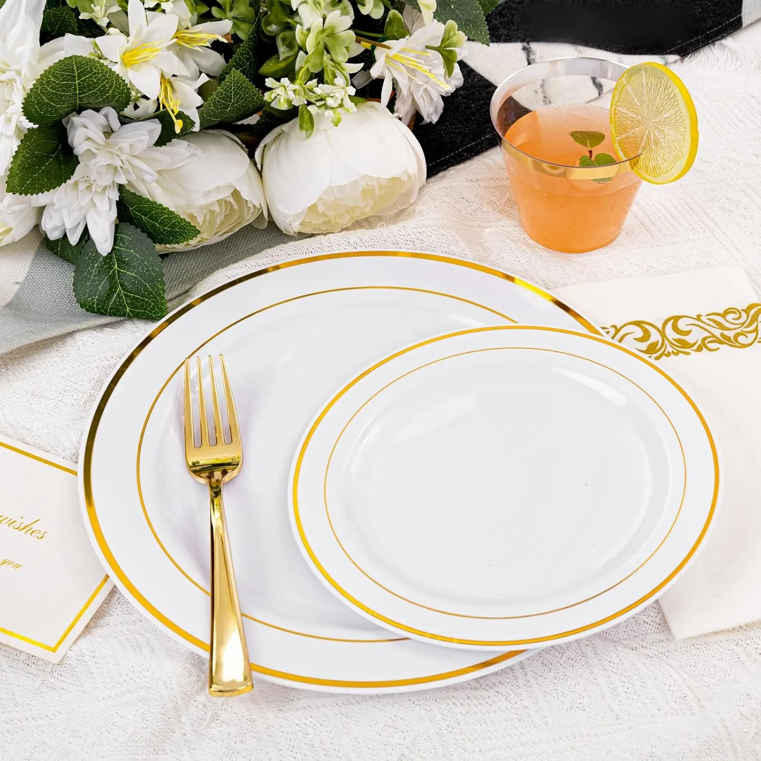 175 Pcs Gold Dinnerware Set, Plastic Plates Disposable for 25 Guests Include:25 Gold Rim Dinner Plates, 25 Gold Dessert Plates, 25 Paper Napkins, 25 Cups, 25 Gold Silverware Set Perfect for Party