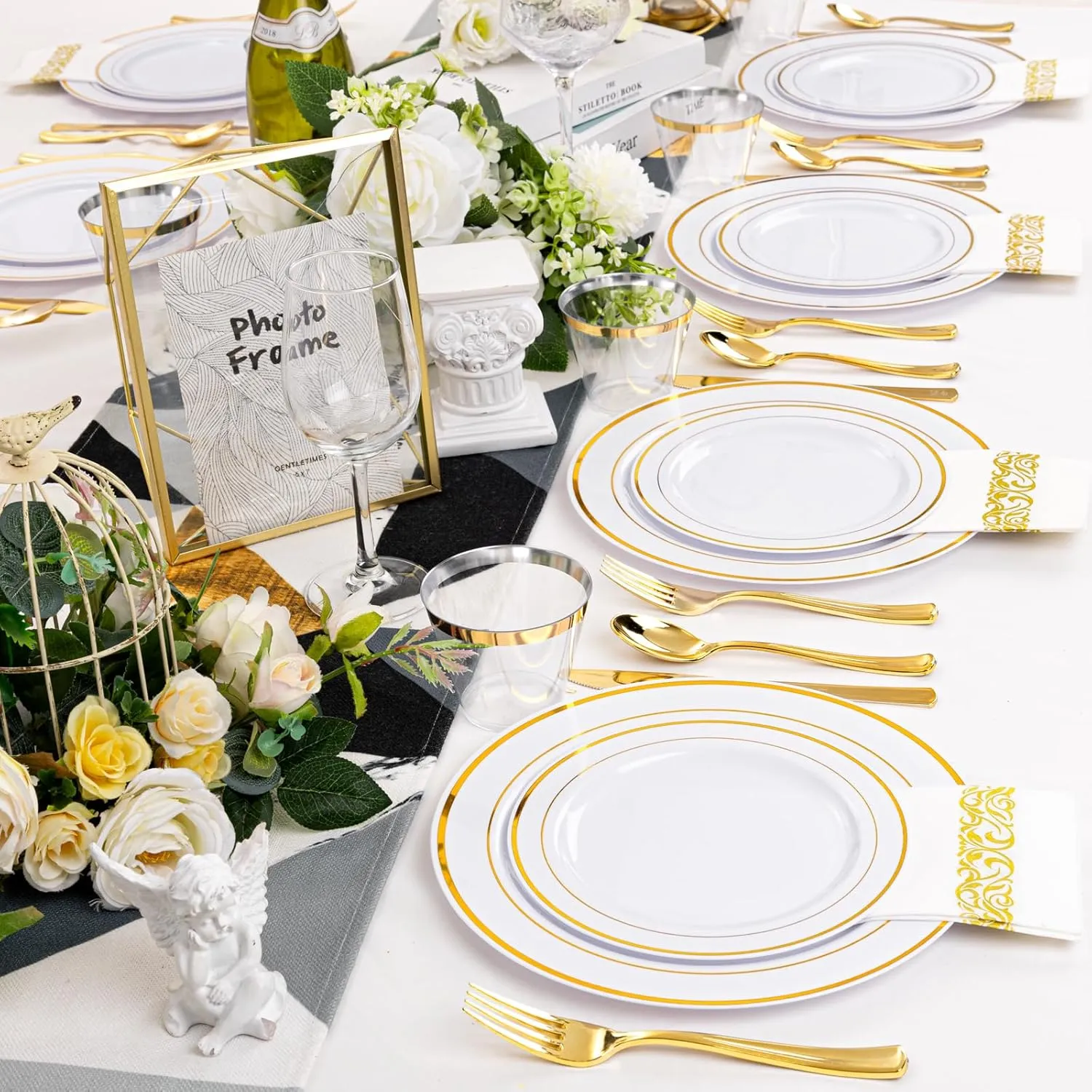 175 Pcs Gold Dinnerware Set, Plastic Plates Disposable for 25 Guests Include:25 Gold Rim Dinner Plates, 25 Gold Dessert Plates, 25 Paper Napkins, 25 Cups, 25 Gold Silverware Set Perfect for Party
