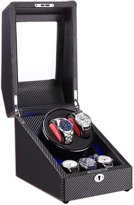 2 3 Automatic Watch Winder Box with LED Light Wood Shell and Carbon Fiber Leather Silent Motor 4 Rotation Modes Setting (A)