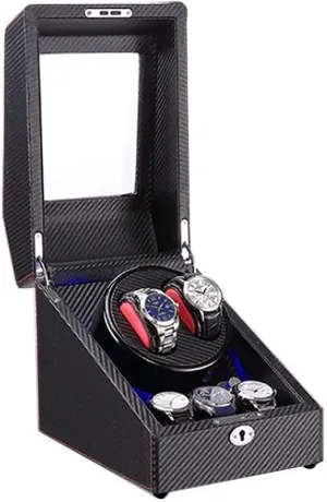 2 3 Automatic Watch Winder Box with LED Light Wood Shell and Carbon Fiber Leather Silent Motor 4 Rotation Modes Setting (A)