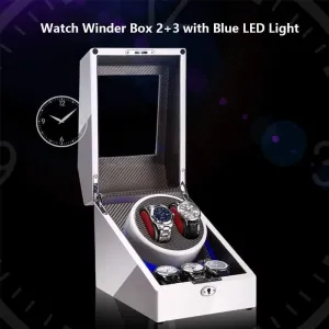 2 3 Automatic Watch Winder Box with LED Light, Wood Shell and Carbon Fiber Leather, Silent Motor, 4 Rotation Modes Setting Accessories