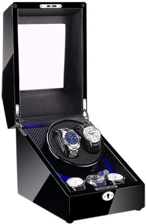 2 3 Automatic Watch Winder Box with LED Light Wood Shell and Carbon Fiber Leather Silent Motor 4 Rotation Modes Setting (B)