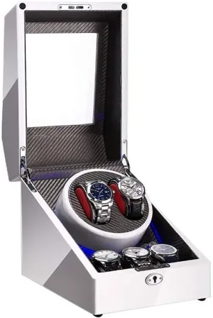 2 3 Automatic Watch Winder Box with LED Light Wood Shell and Carbon Fiber Leather Silent Motor 4 Rotation Modes Setting (D)