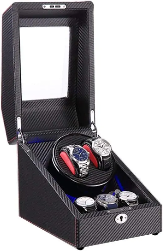 2 3 Automatic Watch Winder Box with LED Light, Wood Shell and Carbon Fiber Leather, Silent Motor, 4 Rotation Modes Setting Watch Winder Display Watch Box Case Watch Storage C