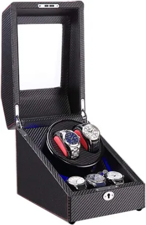 2 3 Automatic Watch Winder Box with LED Light, Wood Shell and Carbon Fiber Leather, Silent Motor, 4 Rotation Modes Setting Watch Winder Display Watch Box Case Watch Storage C