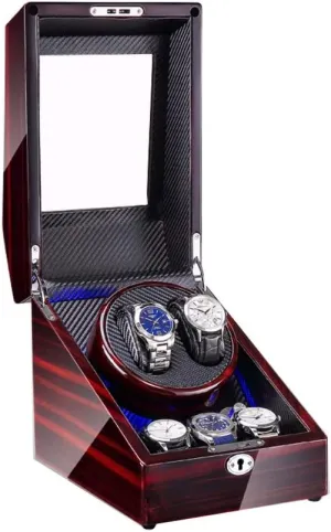 2 3 Automatic Watch Winder Box with LED Light, Wood Shell and Carbon Fiber Leather, Silent Motor, 4 Rotation Modes Setting Watch Winder Display Watch Box Case Watch Storage D