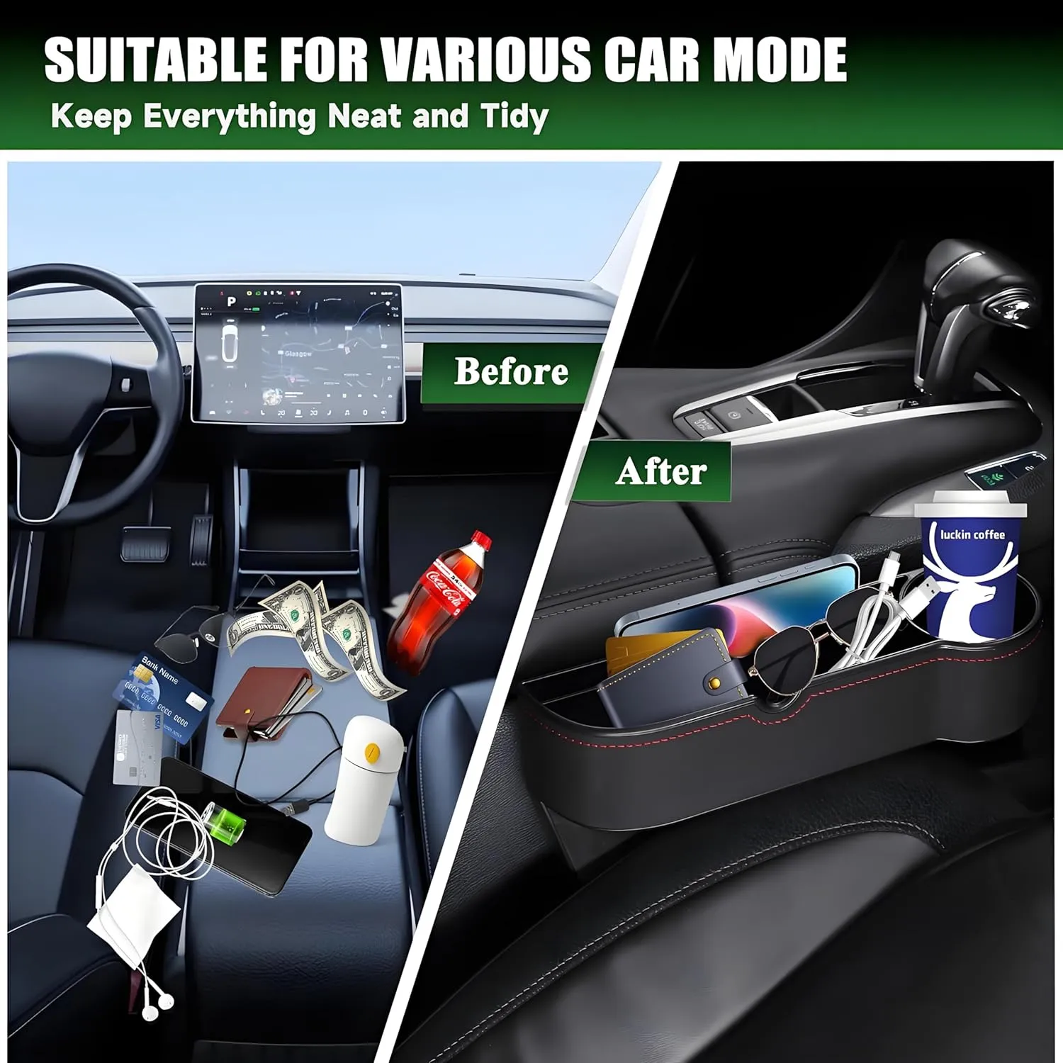 2-Pack Car Seat Gap Filler Organizer, Stylish& Superior Car Seat Gap Filler Organiger Storage with Cable Hole & Cup Holders Phone, Sunglasses, Keys 5.11 in/13cm(L)×7.2in/18.3cm(H)×2.16in/5.5cm(W)