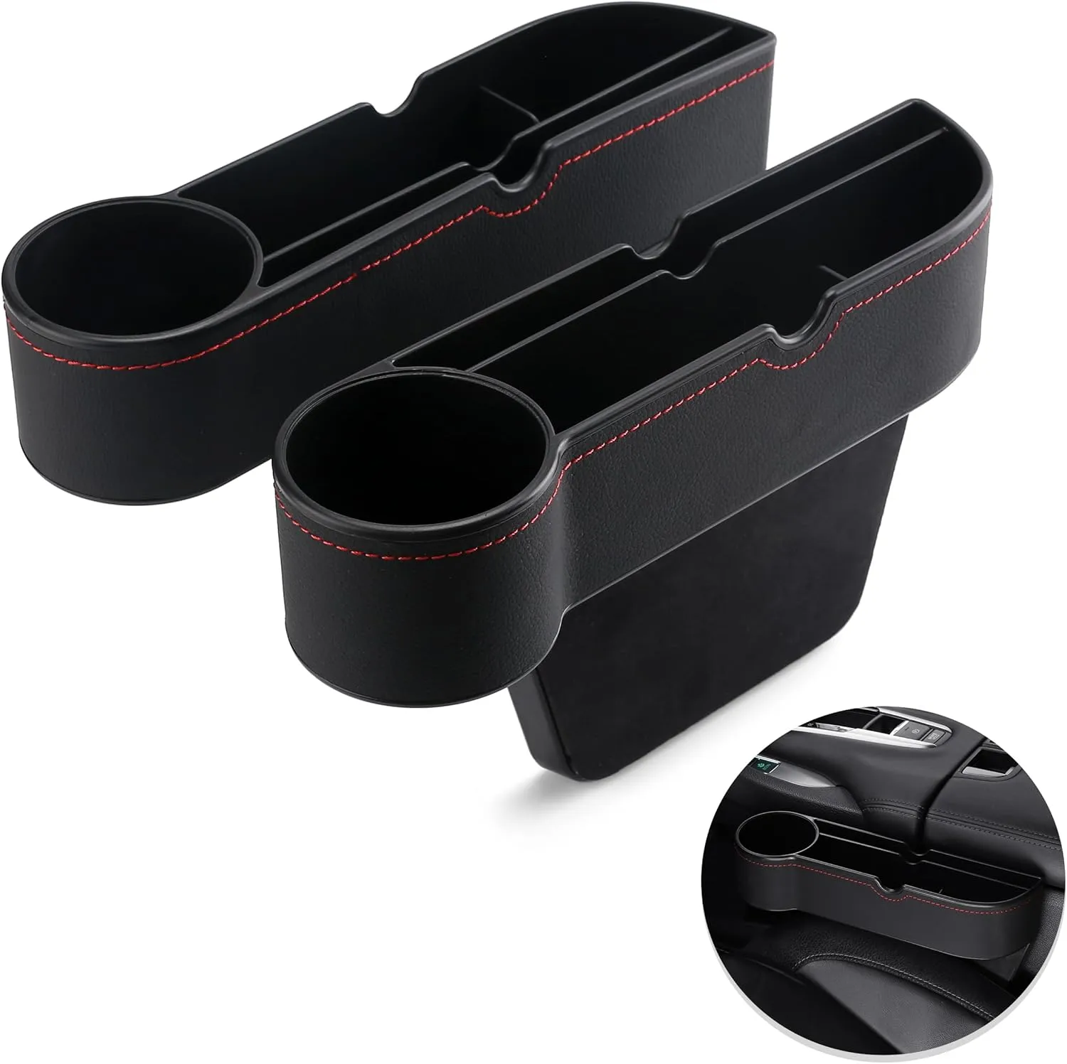 2-Pack Car Seat Gap Filler Organizer, Stylish& Superior Car Seat Gap Filler Organiger Storage with Cable Hole & Cup Holders Phone, Sunglasses, Keys 5.11 in/13cm(L)×7.2in/18.3cm(H)×2.16in/5.5cm(W)