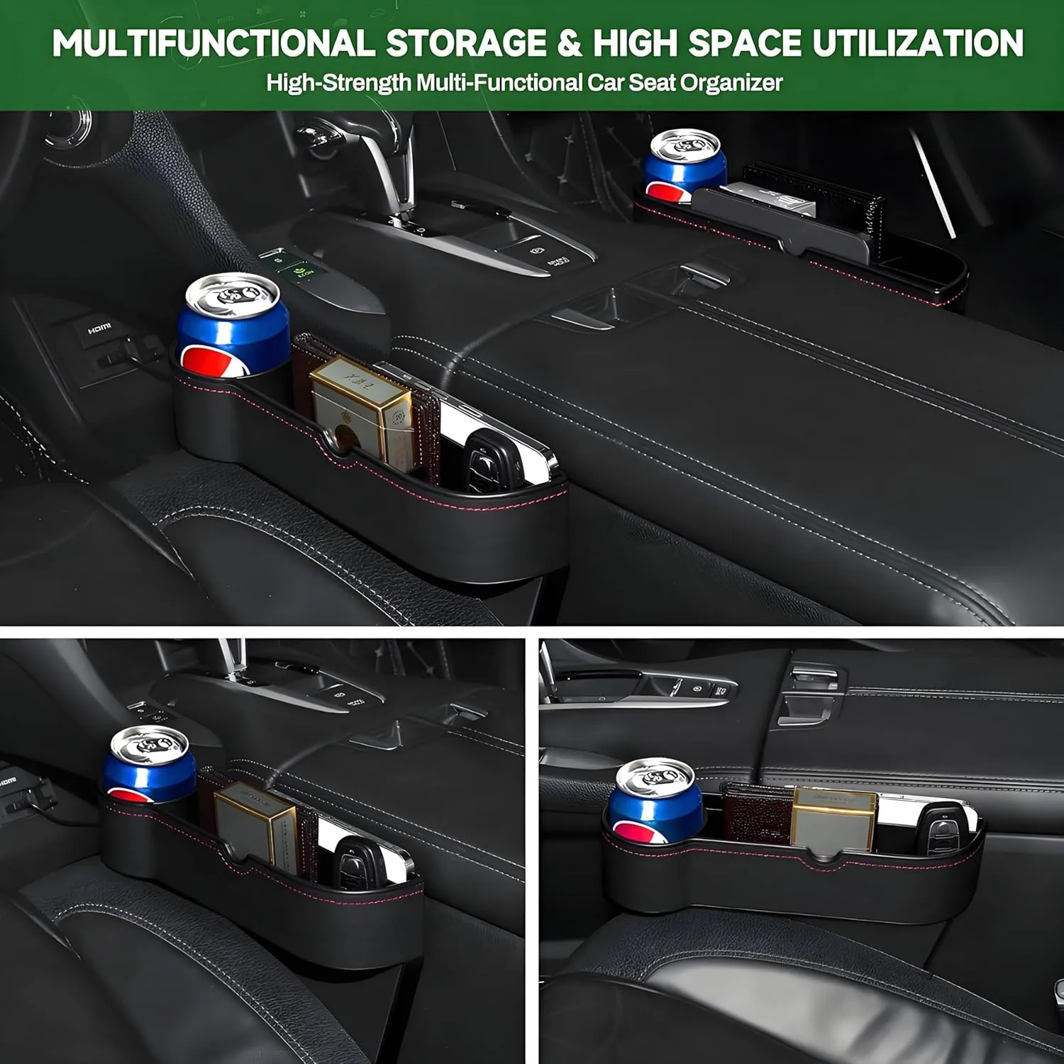 2-Pack Car Seat Gap Filler Organizer, Stylish& Superior Car Seat Gap Filler Organiger Storage with Cable Hole & Cup Holders Phone, Sunglasses, Keys 5.11 in/13cm(L)×7.2in/18.3cm(H)×2.16in/5.5cm(W)