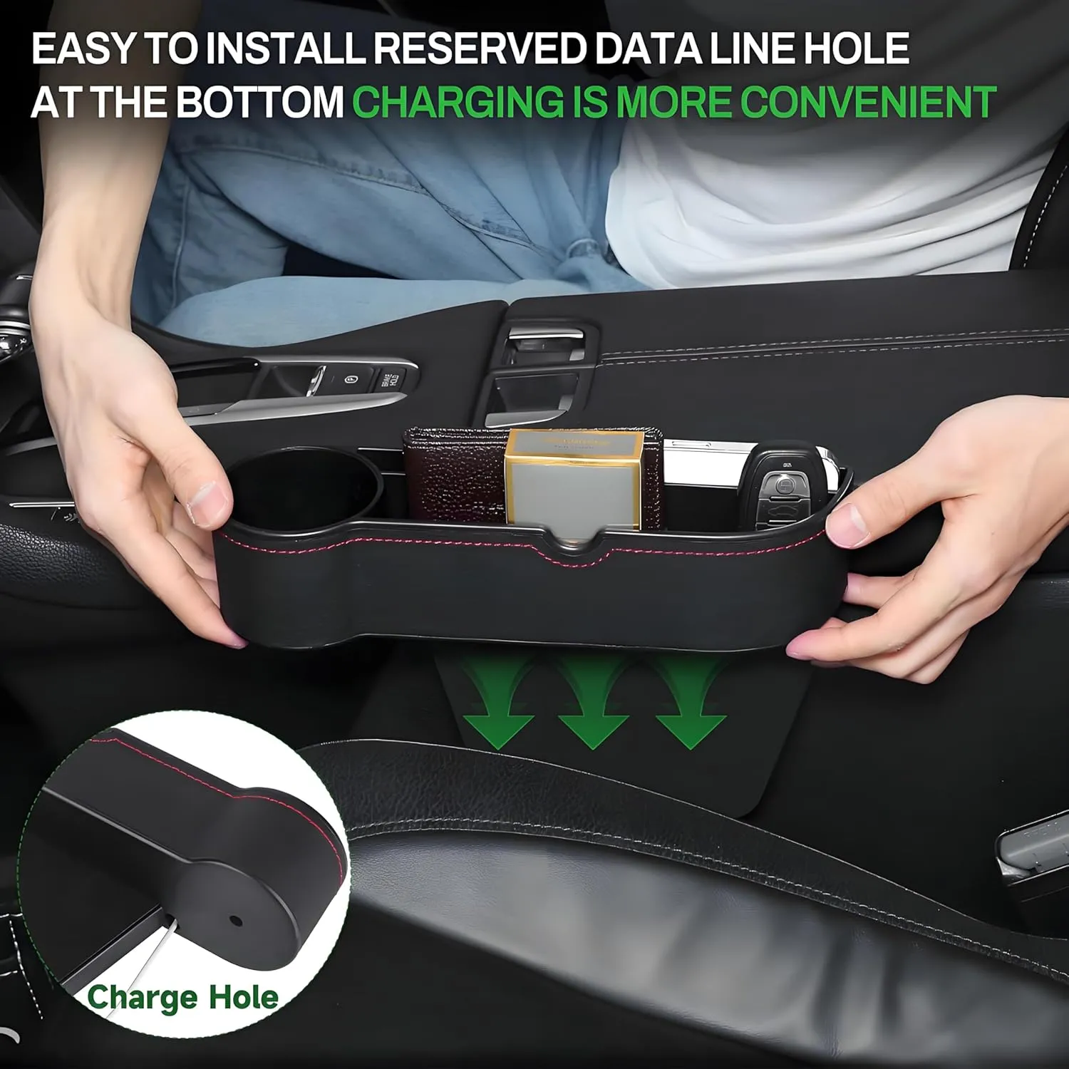2-Pack Car Seat Gap Filler Organizer, Stylish& Superior Car Seat Gap Filler Organiger Storage with Cable Hole & Cup Holders Phone, Sunglasses, Keys 5.11 in/13cm(L)×7.2in/18.3cm(H)×2.16in/5.5cm(W)