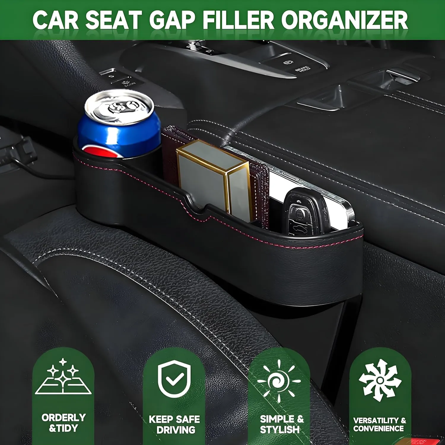 2-Pack Car Seat Gap Filler Organizer, Stylish& Superior Car Seat Gap Filler Organiger Storage with Cable Hole & Cup Holders Phone, Sunglasses, Keys 5.11 in/13cm(L)×7.2in/18.3cm(H)×2.16in/5.5cm(W)
