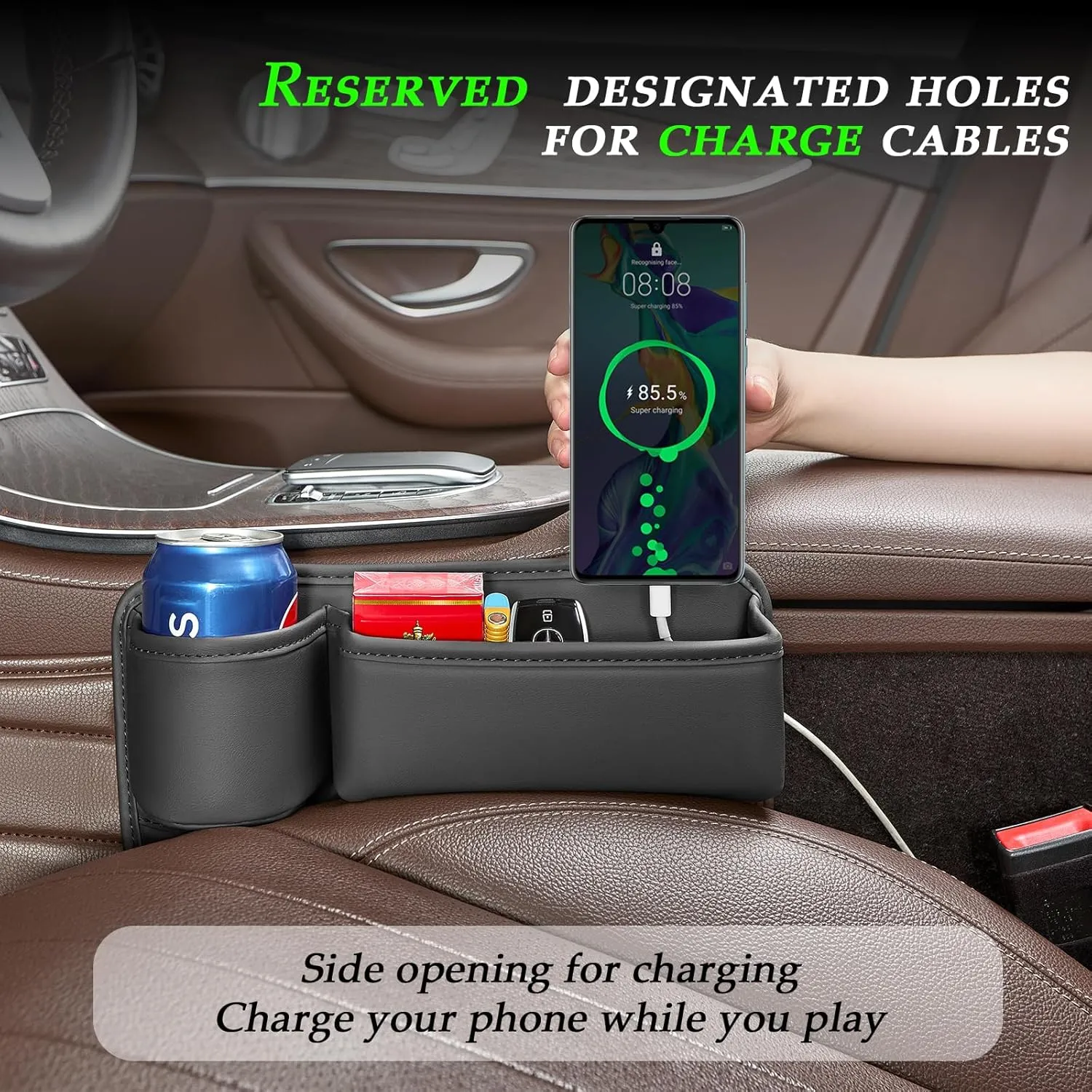 2 Packs Car Seat Gap Filler Organizer with Cup Holders for Drink, Car Seat Organizer,Seat Gap Storage Box,Car Leather Cup Holder Gap Bag Front Seat for Phone, Sunglasses,Keys(Black)