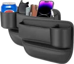 2 Packs Car Seat Gap Filler Organizer with Cup Holders for Drink, Car Seat Organizer,Seat Gap Storage Box,Car Leather Cup Holder Gap Bag Front Seat for Phone, Sunglasses,Keys(Black)