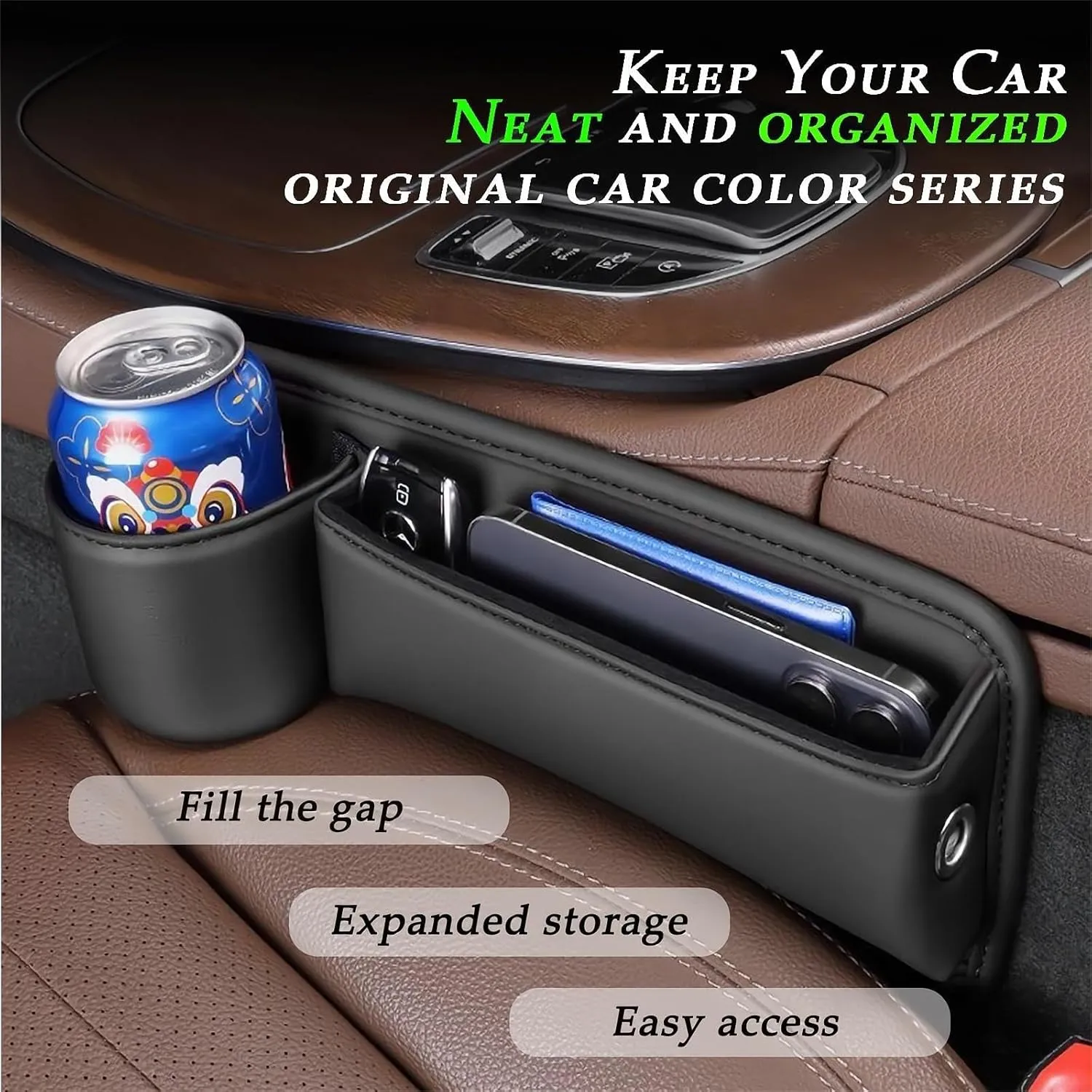 2 Packs Car Seat Gap Filler Organizer with Cup Holders for Drink, Car Seat Organizer,Seat Gap Storage Box,Car Leather Cup Holder Gap Bag Front Seat for Phone, Sunglasses,Keys(Black)