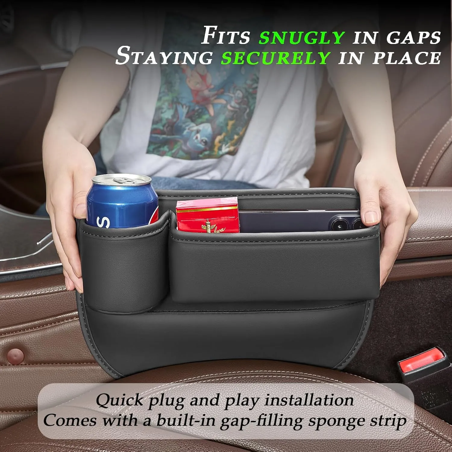 2 Packs Car Seat Gap Filler Organizer with Cup Holders for Drink, Car Seat Organizer,Seat Gap Storage Box,Car Leather Cup Holder Gap Bag Front Seat for Phone, Sunglasses,Keys(Black)