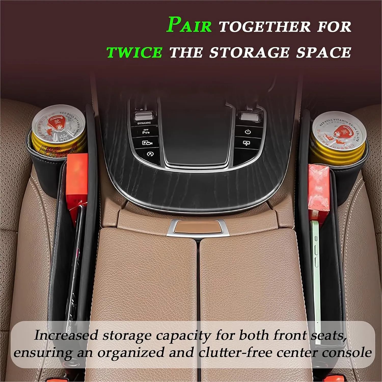 2 Packs Car Seat Gap Filler Organizer with Cup Holders for Drink, Car Seat Organizer,Seat Gap Storage Box,Car Leather Cup Holder Gap Bag Front Seat for Phone, Sunglasses,Keys(Black)