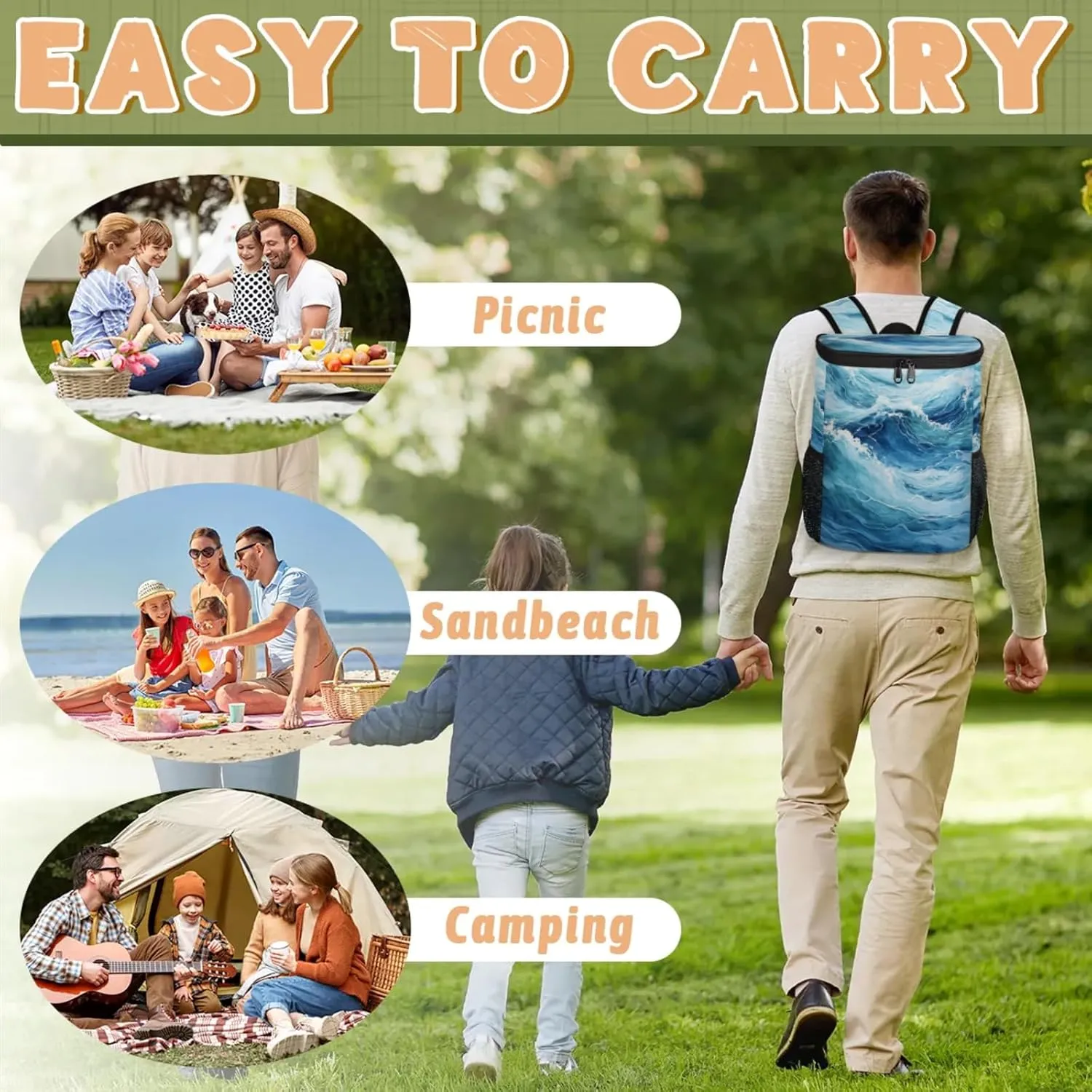 20-Hour Insulated Backpack Cooler Waves Sea Turbulent Leakproof Cooler Bag Portable Cooler Backpack