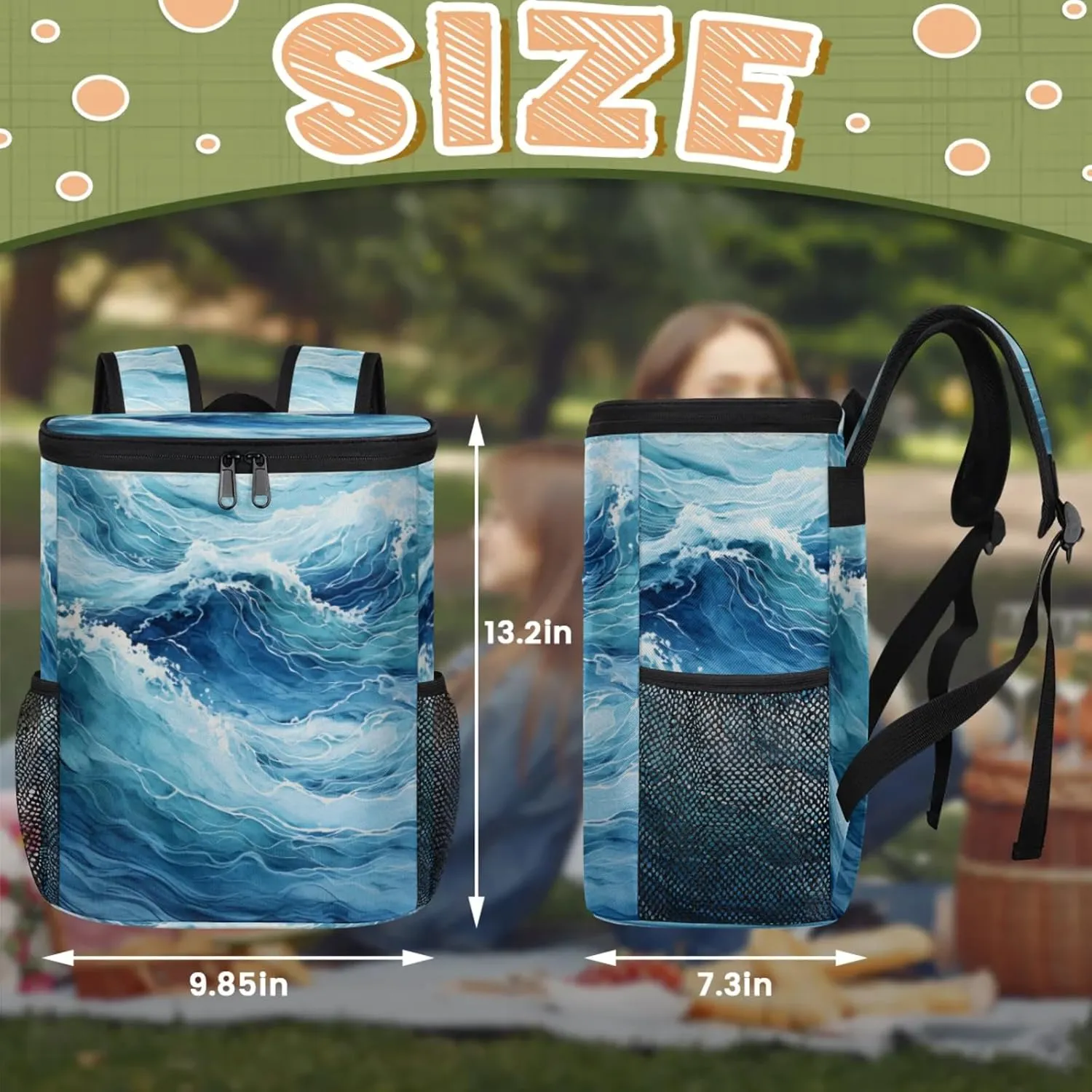 20-Hour Insulated Backpack Cooler Waves Sea Turbulent Leakproof Cooler Bag Portable Cooler Backpack