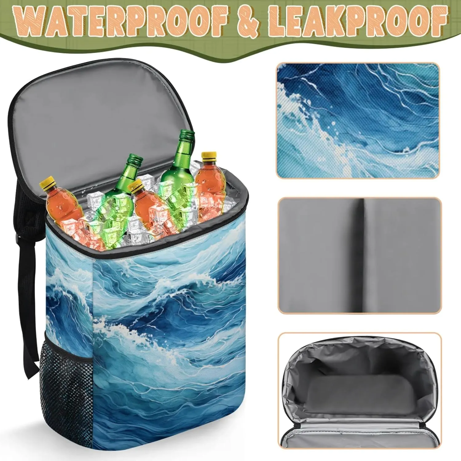 20-Hour Insulated Backpack Cooler Waves Sea Turbulent Leakproof Cooler Bag Portable Cooler Backpack