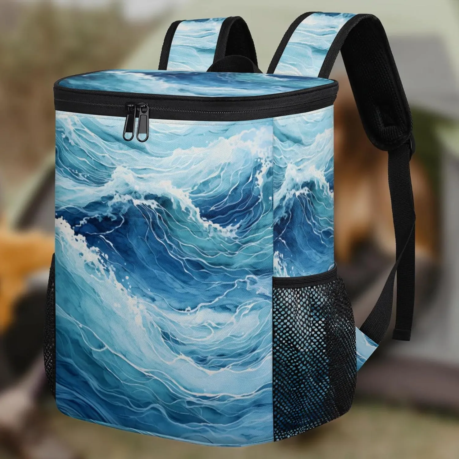 20-Hour Insulated Backpack Cooler Waves Sea Turbulent Leakproof Cooler Bag Portable Cooler Backpack