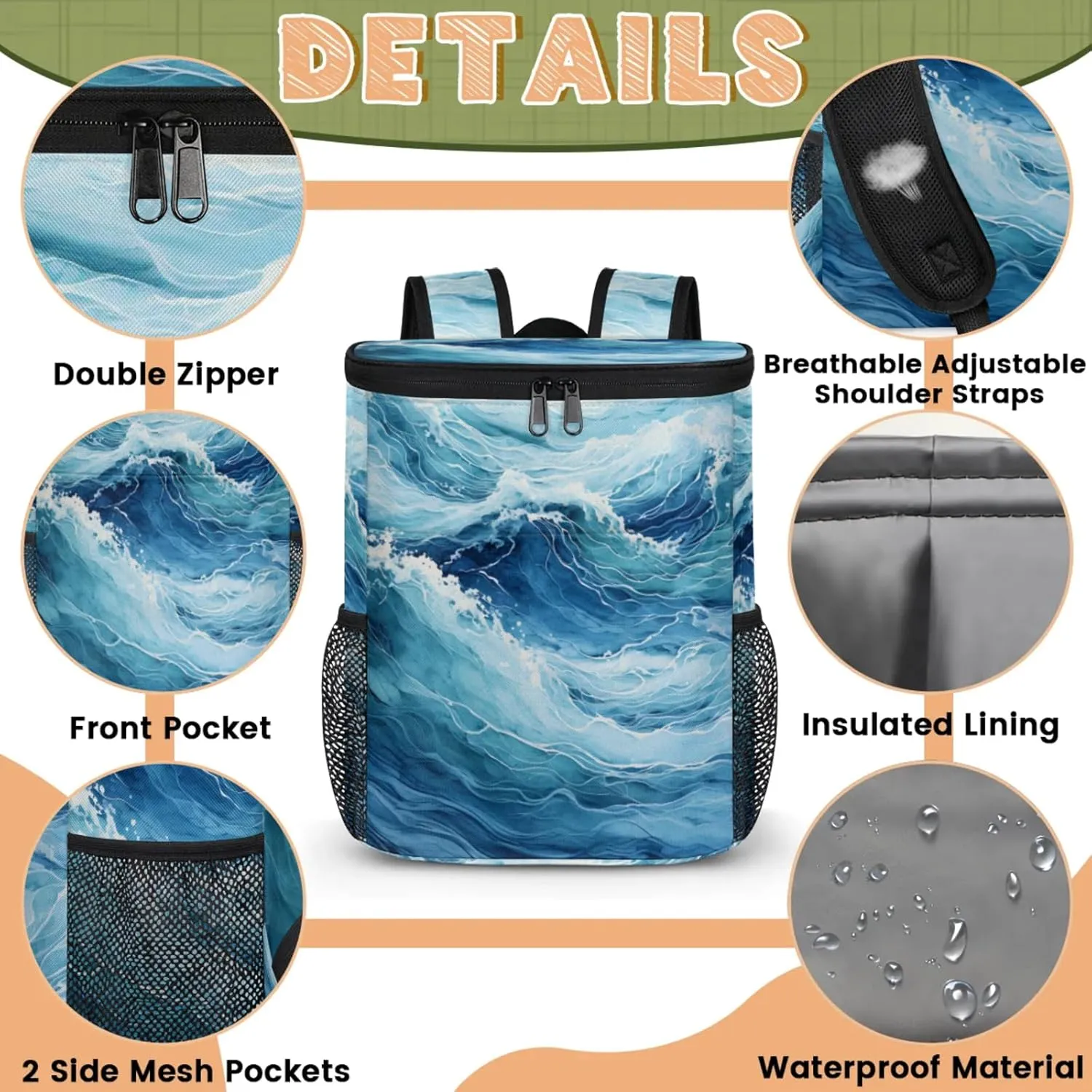20-Hour Insulated Backpack Cooler Waves Sea Turbulent Leakproof Cooler Bag Portable Cooler Backpack