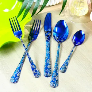 20 Pieces Stainless Steel Flatware Set for 4 People Knives Forks Spoons Set, Vintage Paisley Pattern Design, Mirror Polish and Dishwasher Safe (20, Blue Seashell)