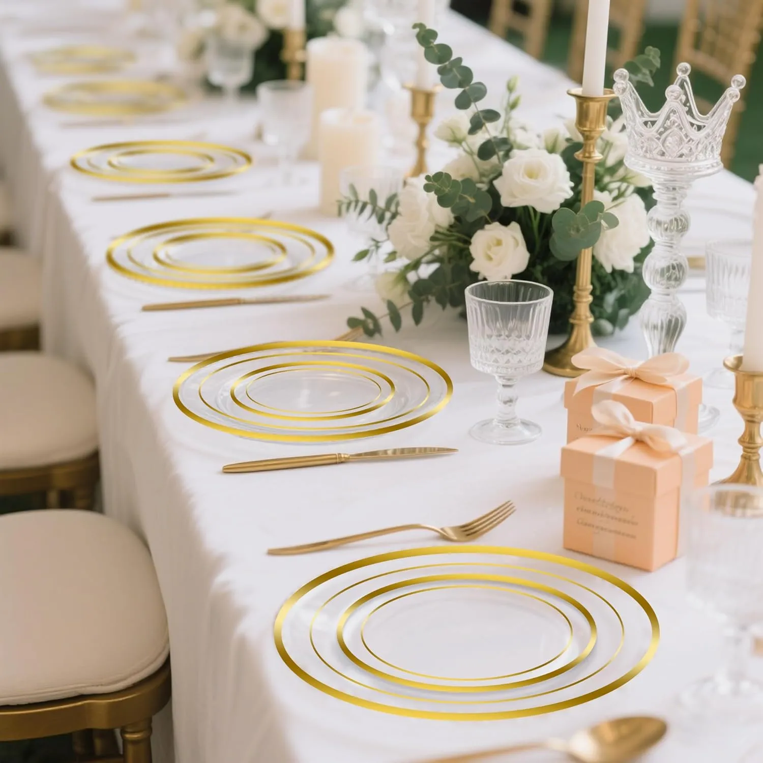 200 PCS Clear Gold Plastic Plates, Disposable Party Plates Include 100 Dinner Plate and 100 Dessert Plate Perfect for Holiday, Birthday, Wedding & Party