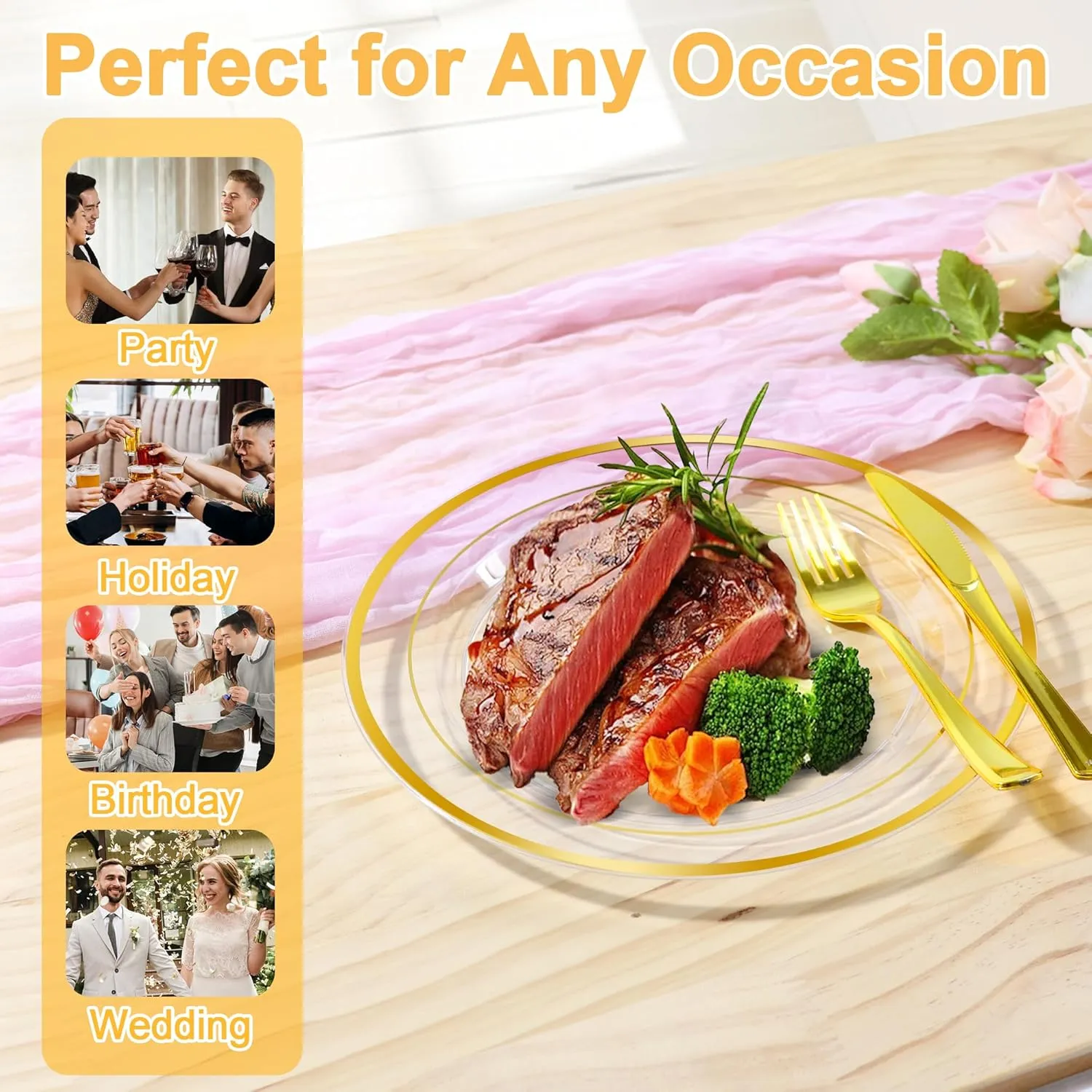 200 PCS Clear Gold Plastic Plates, Disposable Party Plates Include 100 Dinner Plate and 100 Dessert Plate Perfect for Holiday, Birthday, Wedding & Party