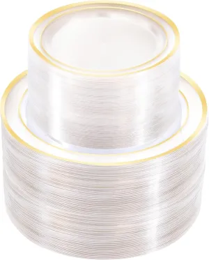200 PCS Clear Gold Plastic Plates, Disposable Party Plates Include 100 Dinner Plate and 100 Dessert Plate Perfect for Holiday, Birthday, Wedding & Party