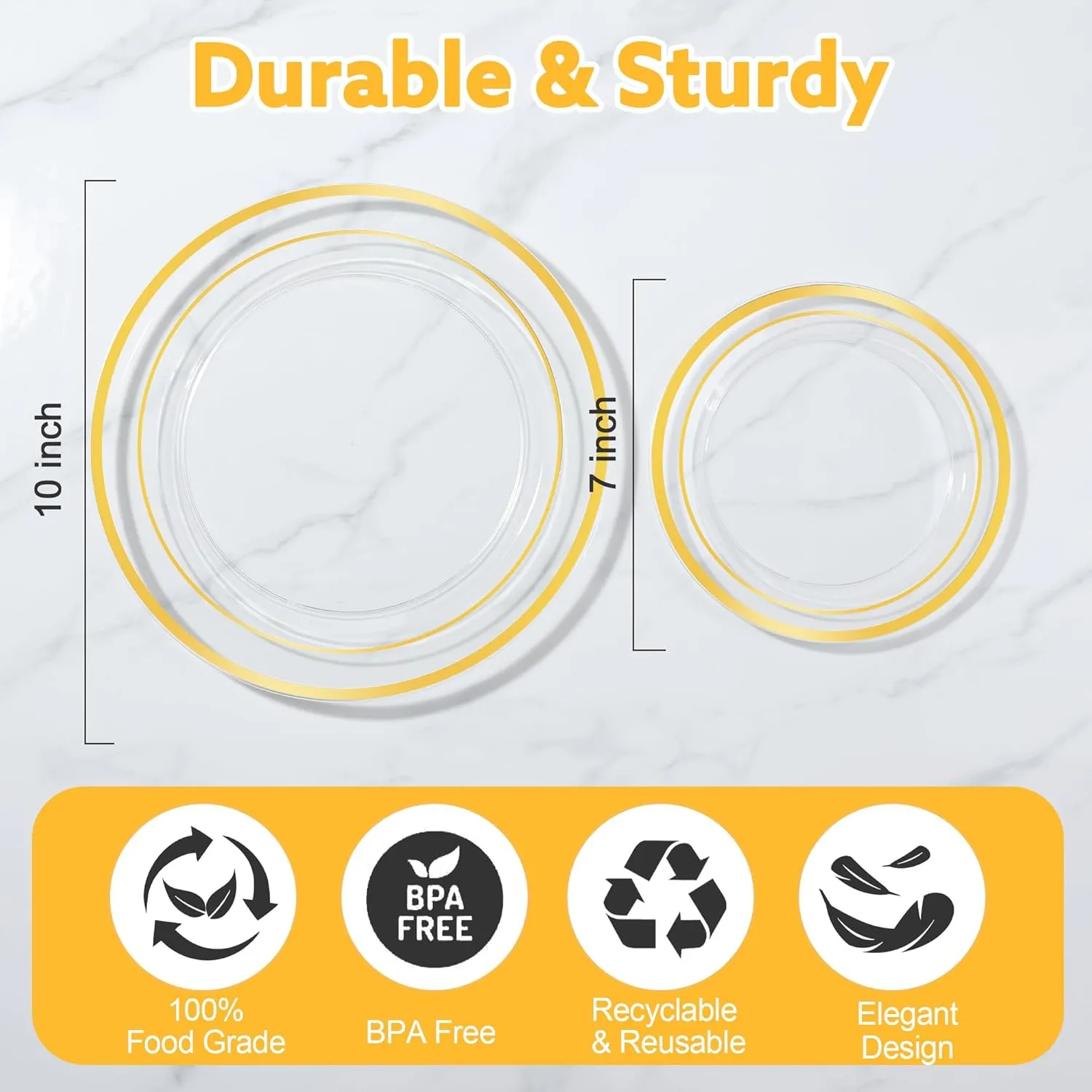 200 PCS Clear Gold Plastic Plates, Disposable Party Plates Include 100 Dinner Plate and 100 Dessert Plate Perfect for Holiday, Birthday, Wedding & Party