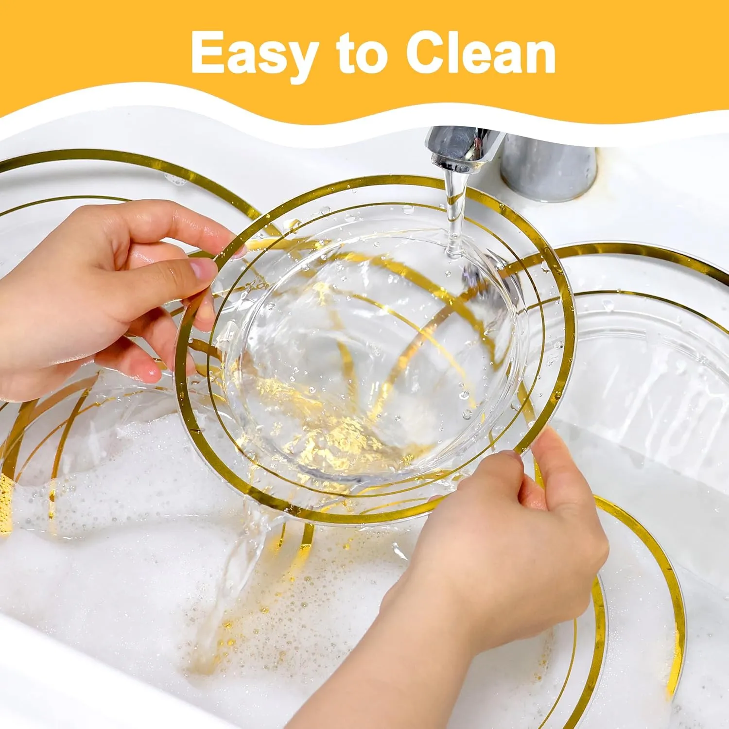 200 PCS Clear Gold Plastic Plates, Disposable Party Plates Include 100 Dinner Plate and 100 Dessert Plate Perfect for Holiday, Birthday, Wedding & Party