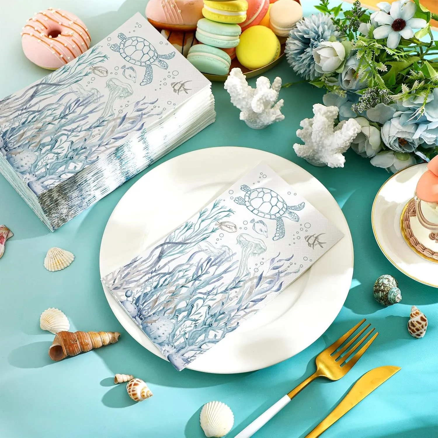 200 Pcs Coastal Turtle Bathroom Paper Guest Towel 2 Ply Summer Guest Napkins Blue Bathroom Paper Hand Towels Jellyfish Dinner Napkins Nautical Napkins for Wedding Baby Shower Holiday Party