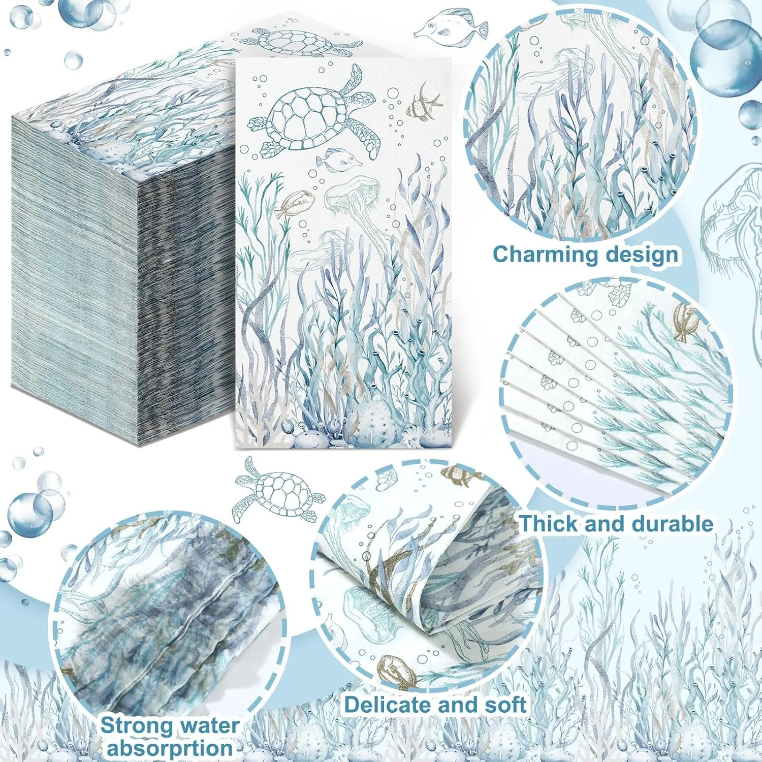 200 Pcs Coastal Turtle Bathroom Paper Guest Towel 2 Ply Summer Guest Napkins Blue Bathroom Paper Hand Towels Jellyfish Dinner Napkins Nautical Napkins for Wedding Baby Shower Holiday Party
