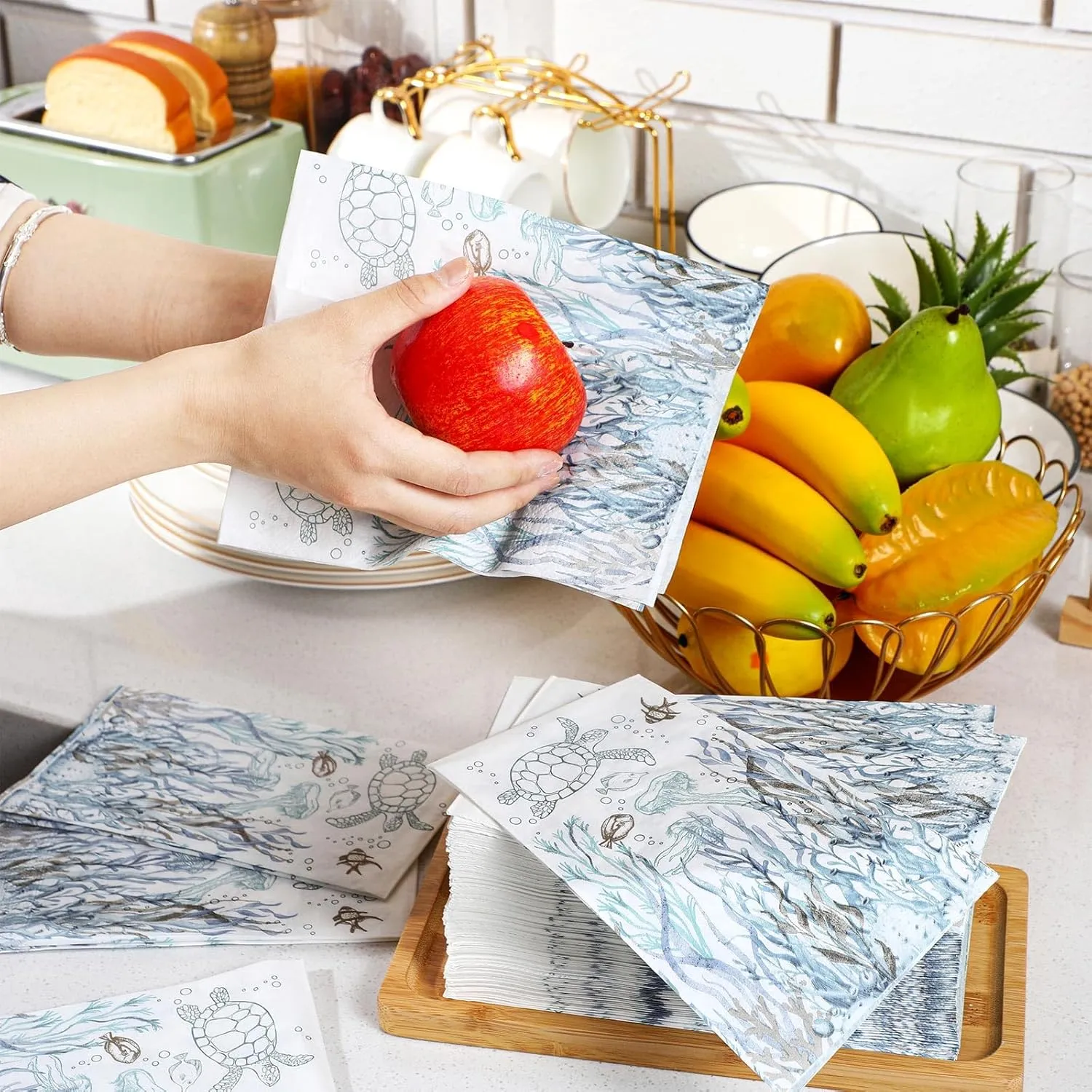 200 Pcs Coastal Turtle Bathroom Paper Guest Towel 2 Ply Summer Guest Napkins Blue Bathroom Paper Hand Towels Jellyfish Dinner Napkins Nautical Napkins for Wedding Baby Shower Holiday Party