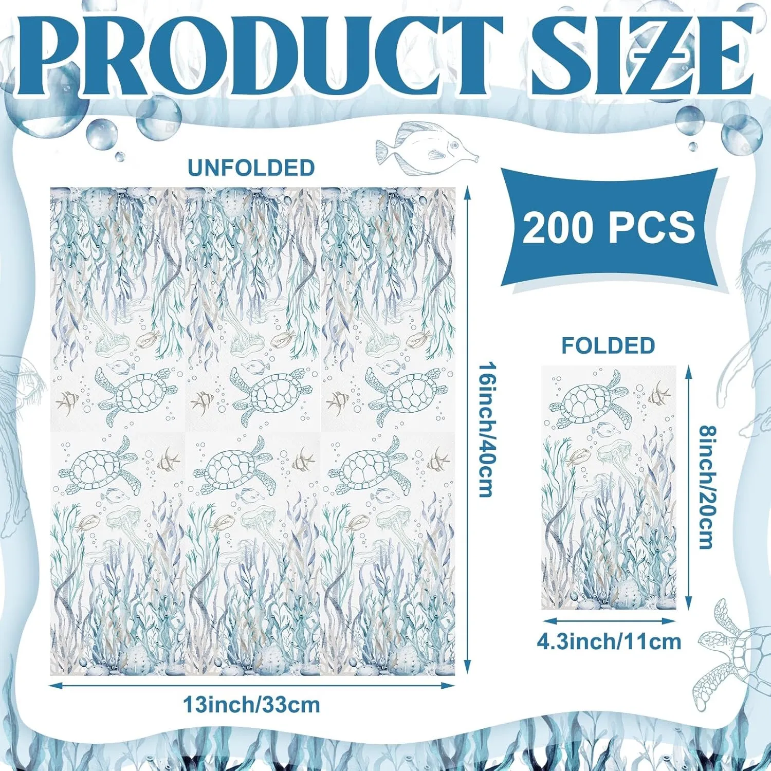 200 Pcs Coastal Turtle Bathroom Paper Guest Towel 2 Ply Summer Guest Napkins Blue Bathroom Paper Hand Towels Jellyfish Dinner Napkins Nautical Napkins for Wedding Baby Shower Holiday Party