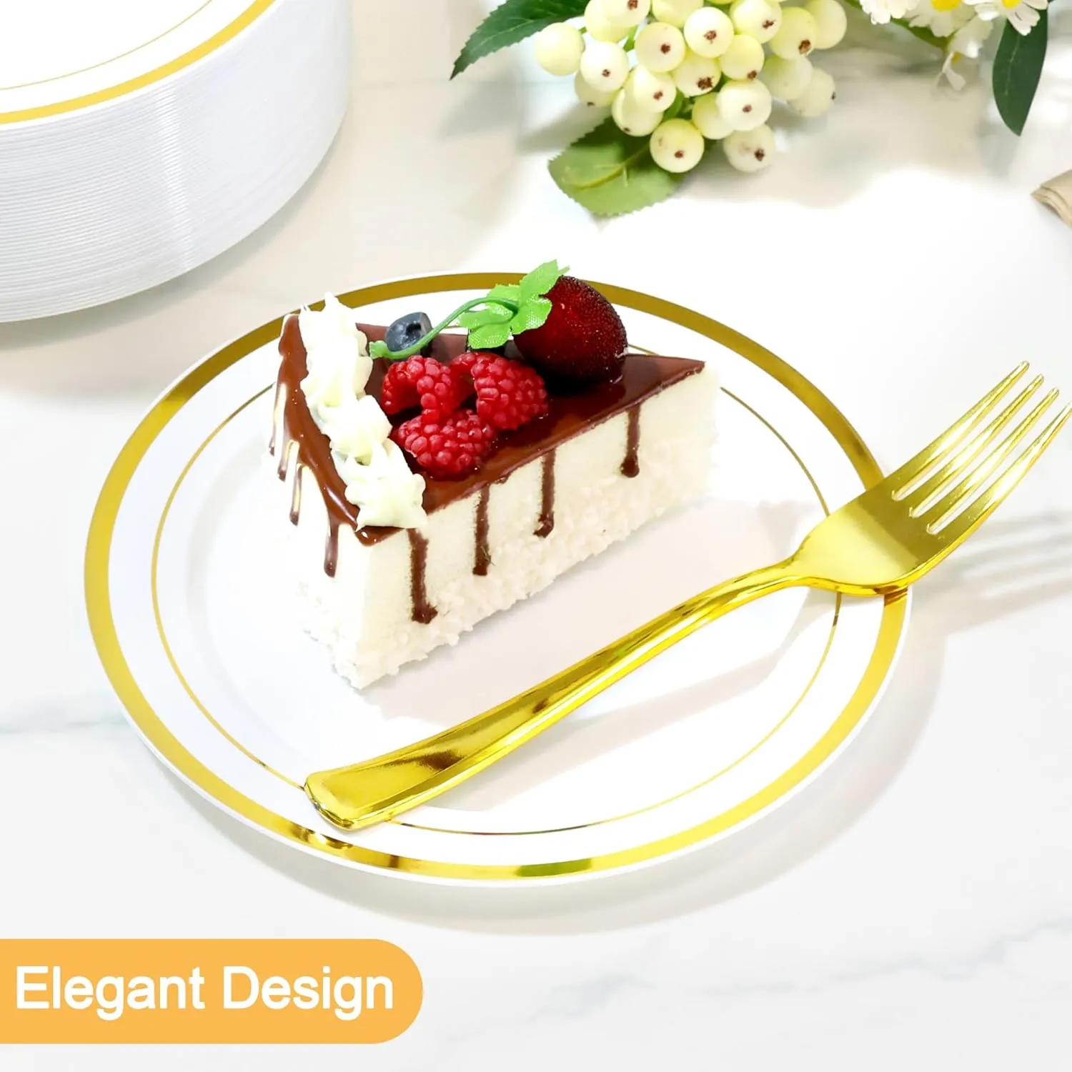 200 PCS Gold Plastic Plates, Plastic Disposable Plates Include 100 Dinner Plate and 100 Dessert Plate Perfect for Holiday, Birthday, Wedding & Party