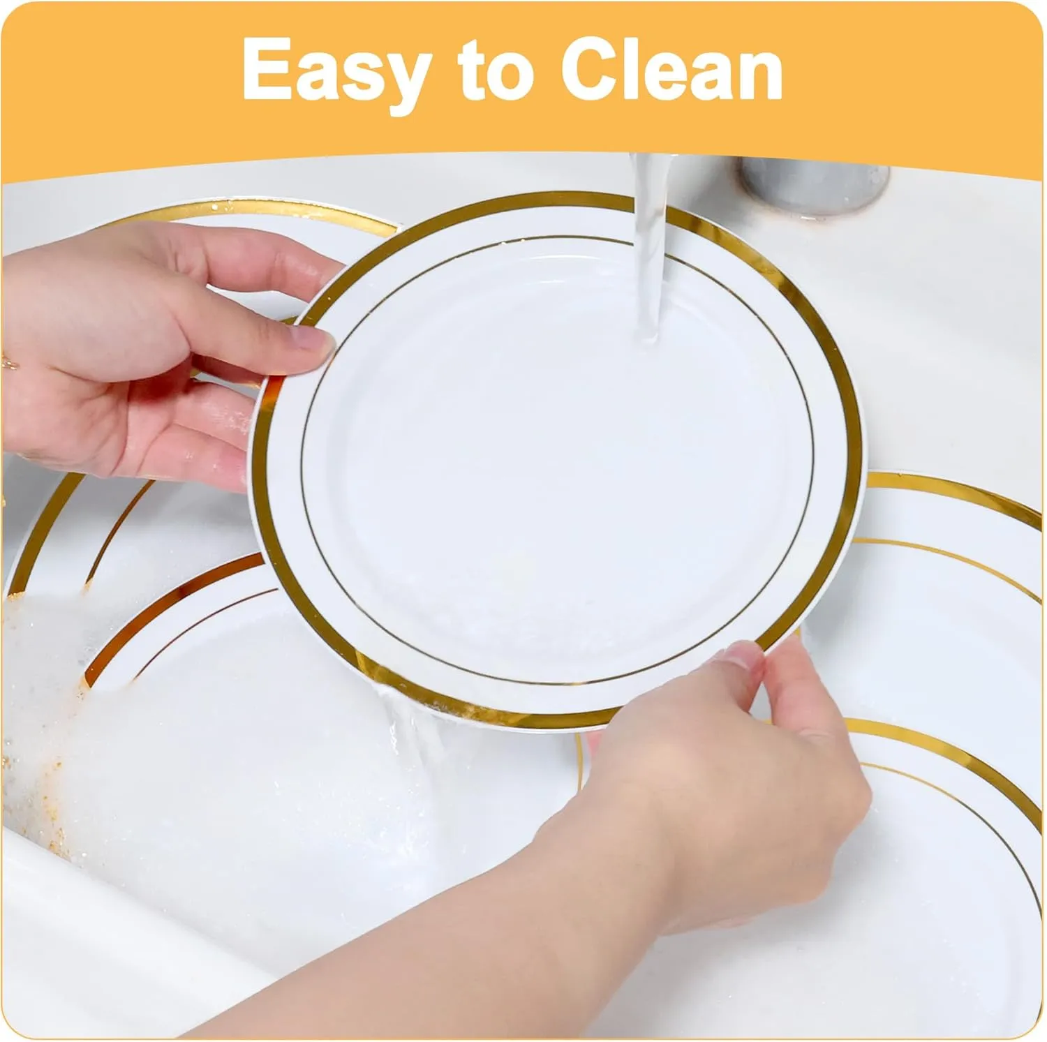 200 PCS Gold Plastic Plates, Plastic Disposable Plates Include 100 Dinner Plate and 100 Dessert Plate Perfect for Holiday, Birthday, Wedding & Party