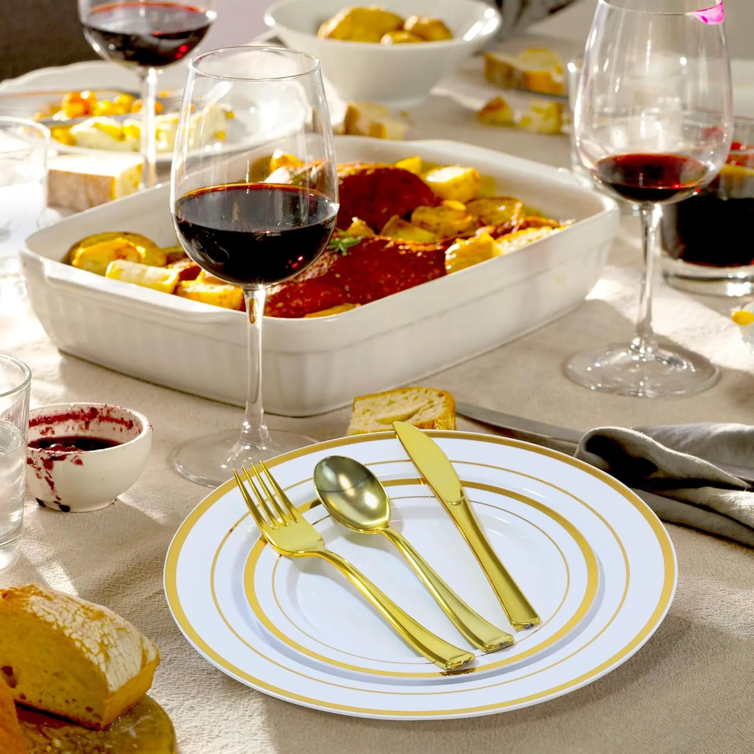 200 PCS Gold Plastic Plates, Plastic Disposable Plates Include 100 Dinner Plate and 100 Dessert Plate Perfect for Holiday, Birthday, Wedding & Party