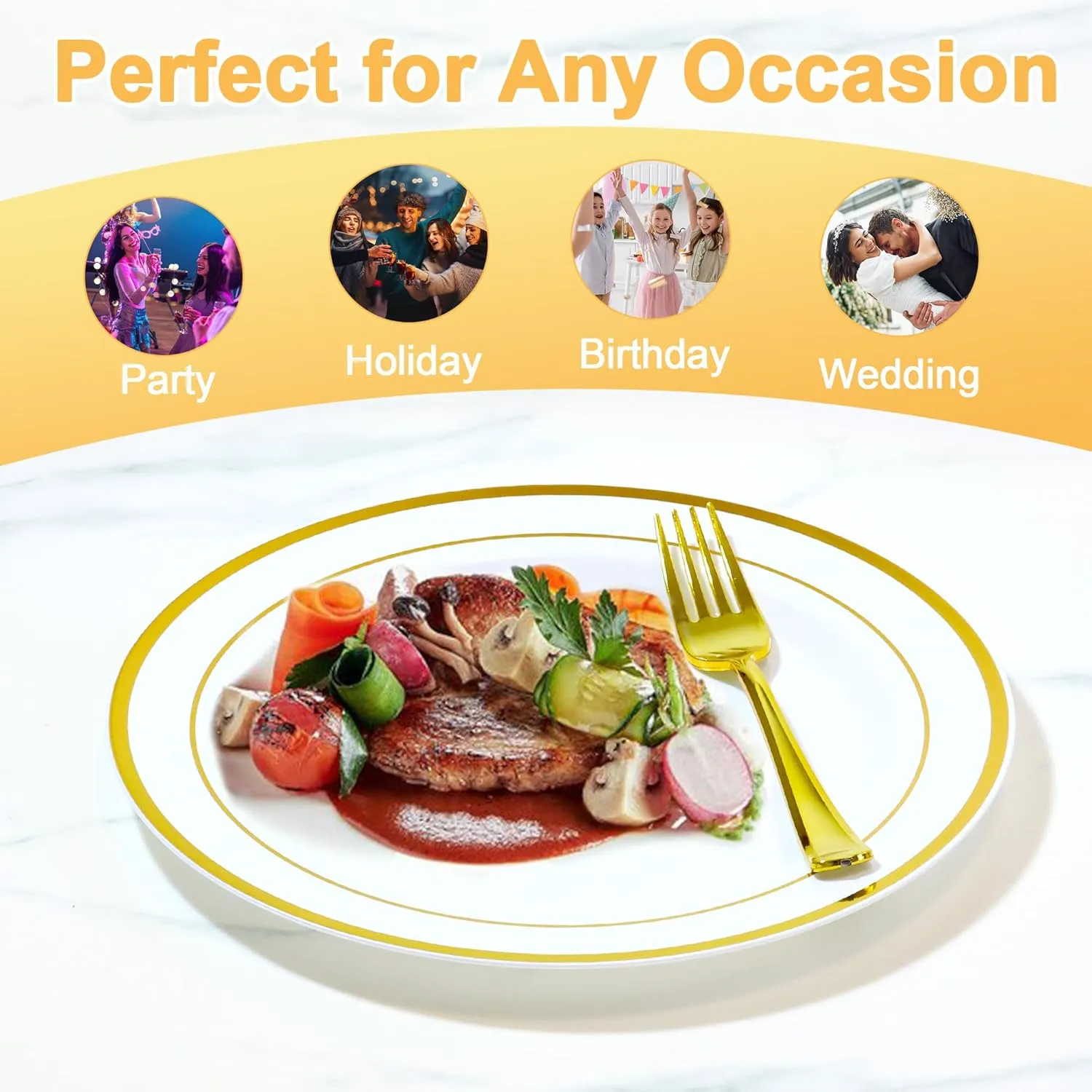 200 PCS Gold Plastic Plates, Plastic Disposable Plates Include 100 Dinner Plate and 100 Dessert Plate Perfect for Holiday, Birthday, Wedding & Party