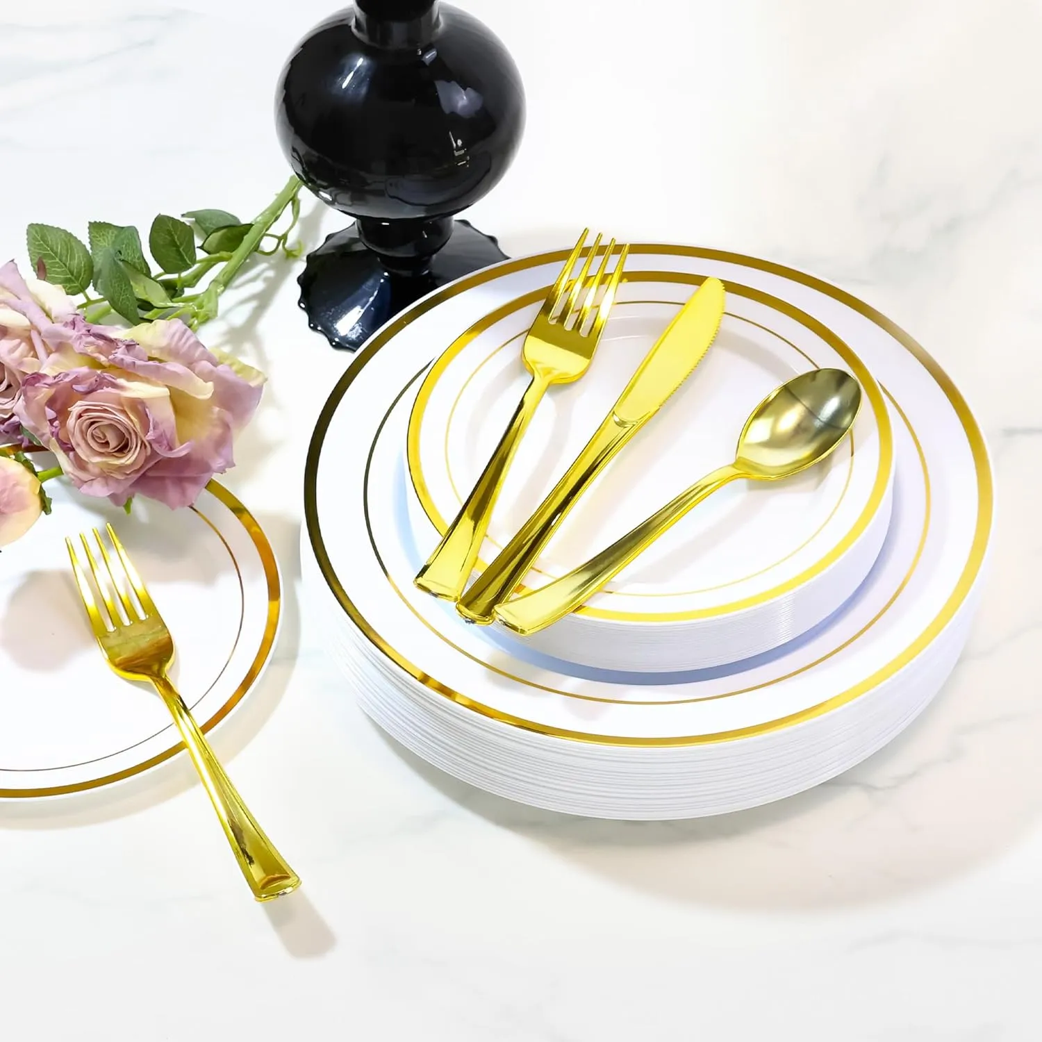 200 PCS Gold Plastic Plates, Plastic Disposable Plates Include 100 Dinner Plate and 100 Dessert Plate Perfect for Holiday, Birthday, Wedding & Party