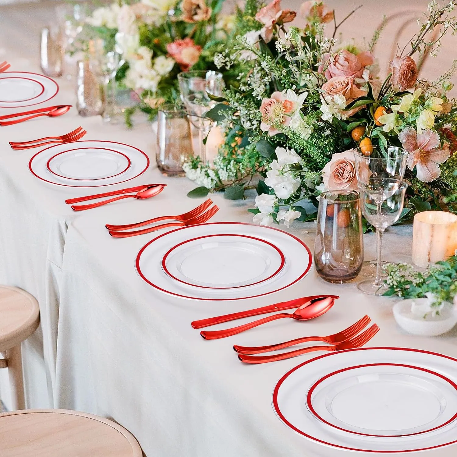 200PCS Red and Clear Plastic Plates, Disposable Plate Set with 100 Dinner Plate and 100 Dessert Plates for Party, Christmas, Valentine's Day