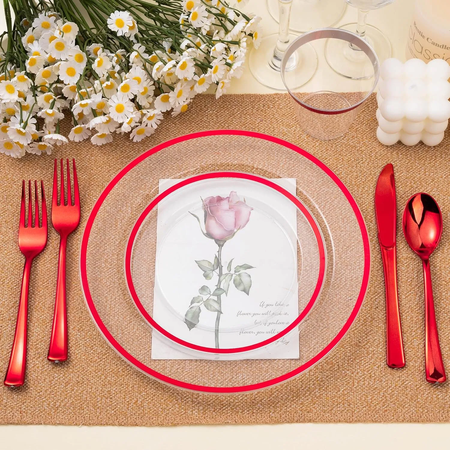 200PCS Red and Clear Plastic Plates, Disposable Plate Set with 100 Dinner Plate and 100 Dessert Plates for Party, Christmas, Valentine's Day